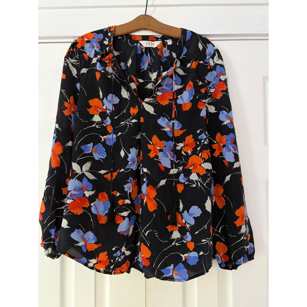 Joie Silk Floral Tassel Tie Blouse Black Orange Blue XL 7718T2858B